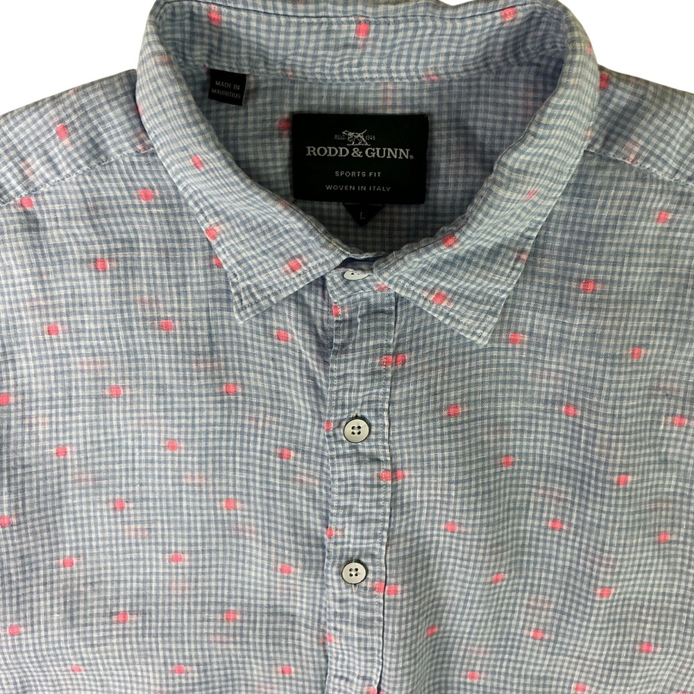 Rodd & Gunn Mens Linen Large Blue Gingham Pink Dot Short Sleeve Shirt Sports Fit